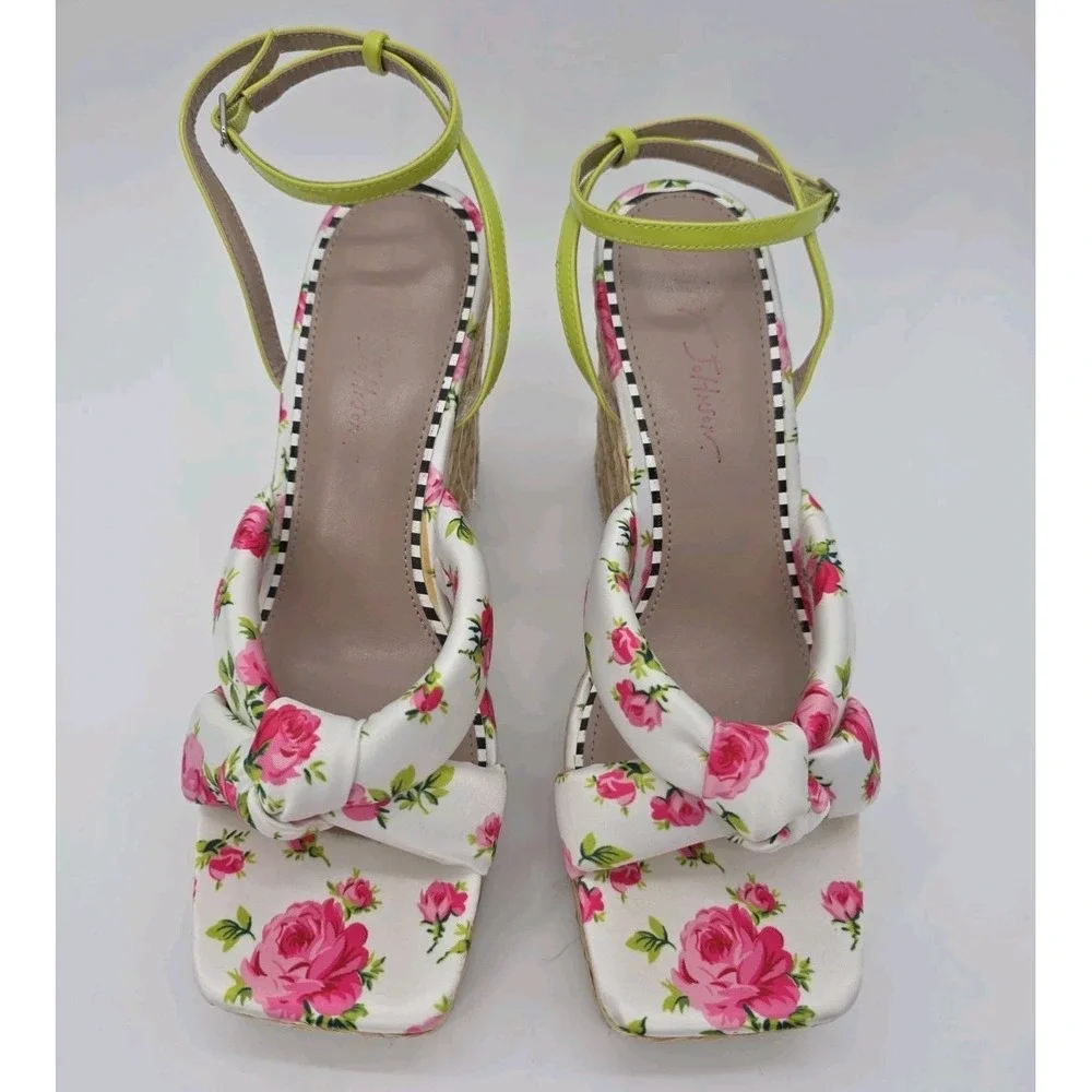 Betsey Johnson Floral Rose Satin Bow Espadrille Wedge Sandals Size 11